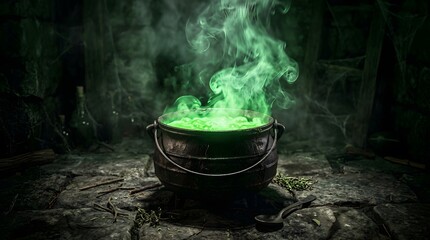 Fototapeta premium A bubbling cauldron emits eerie green smoke creating a spooky and magical halloween atmosphere