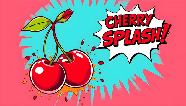 Bright pop art style illustration featuring two cherries with comic halftone pattern background and bold speech bubble text reading 'CHERRY SPLASH'.