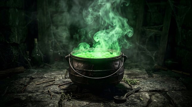 A bubbling cauldron emits eerie green smoke creating a spooky and magical halloween atmosphere