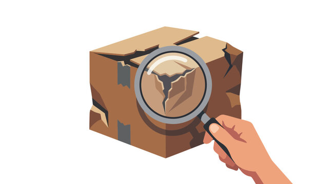 Magnifying glass inspects damaged cardboard box
