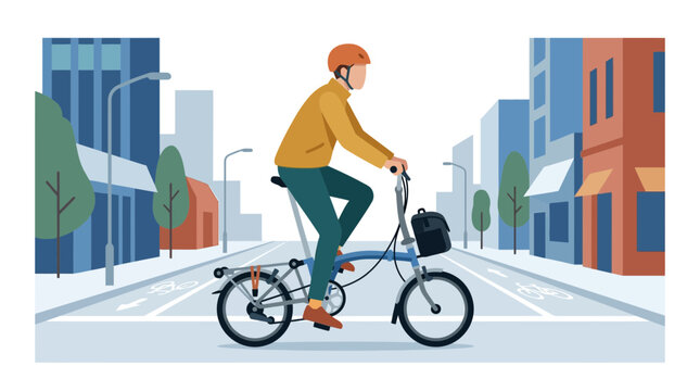 Man riding a folding bicycle in a stylized city street