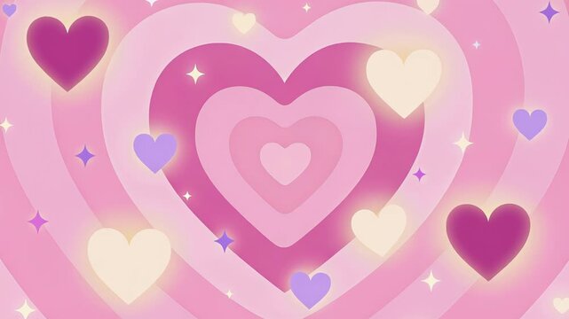 Graphic animation illustration featuring a whimsical pink background filled with softly glowing hearts, gentle gradients, romantic atmosphere, 4K video