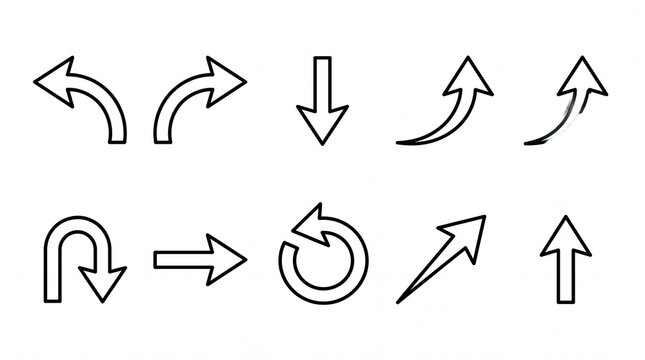 A clean arrow symbol and navigation icon set featuring ten minimalist directional arrows arranged in two evenly spaced horizontal rows. The collection includes curved left and right arrows, downward a