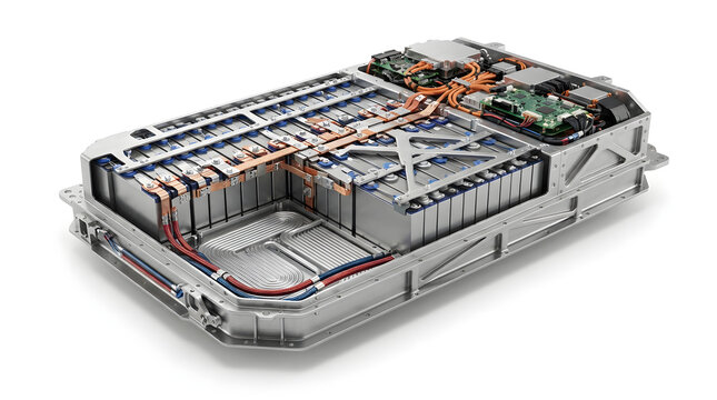Electric vehicle battery pack with lithium ion modules cooling lines electronic components and structural enclosure in 3D engineering render