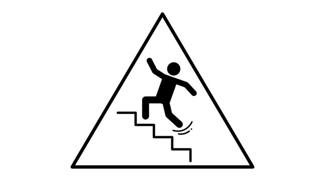 Minimalist vector graphic sign showing a person falling down a flight of stairs enclosed within a simple black triangular frame