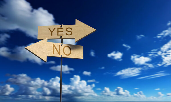 yes or no sign symbol two way direction wooden blue sky background wallpaper copy space yes or no warning icon traffic road mark right choice right wrong navigation positive cross decision yes or no 