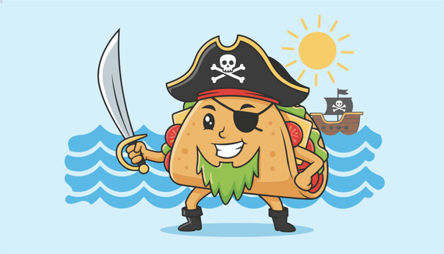Funny taco pirate character wearing an eyepatch and hat stands holding a sword on a sunny beach near the sea.