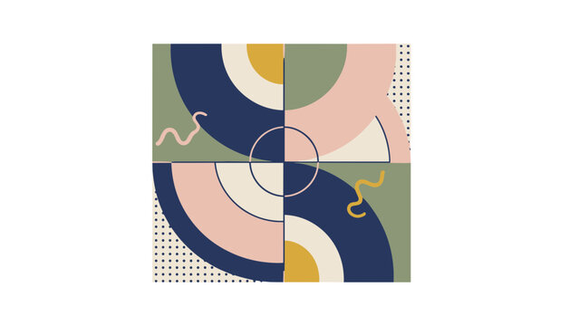 Abstract geometric retro artwork with colorful concentric circles, squiggly lines, and dotted patterns in four quadrants.
