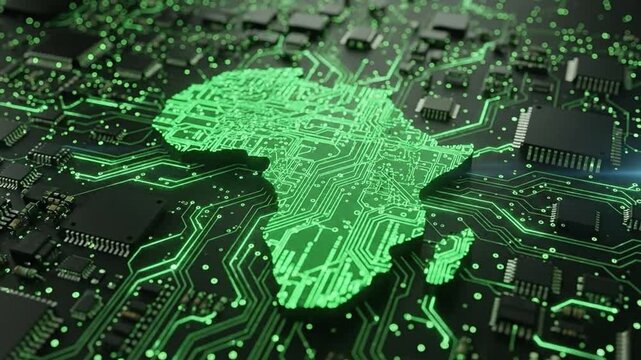 Digital technology map of Africa continent glowing on circuit board motherboard background representing tech innovation and modern economy growth