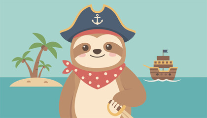 Obraz premium Cute sloth pirate wearing a tricorn hat and red bandana holding a sword with a pirate ship and island behind him.