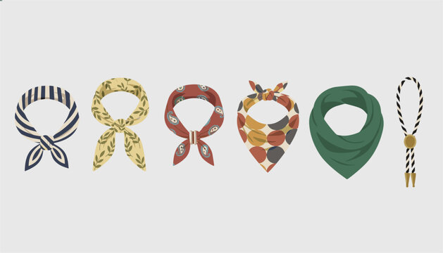 Set of six fashionable bandanas and neckerchiefs with various patterns and colors on a light gray background.
