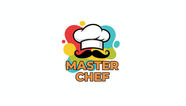 Elegant master chef logo design featuring a white toque and black mustache over colorful abstract paint splatters.