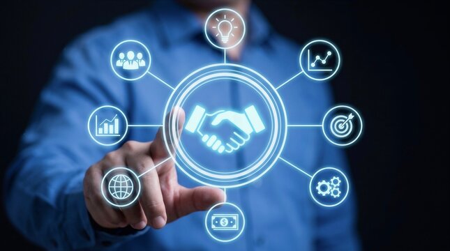 Businessman touching virtual screen with handshake icon surrounded by business ecosystem and partnership symbols