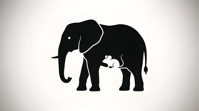A black elephant silhouette featuring a negative-space illustration of a small mouse at the bottom.