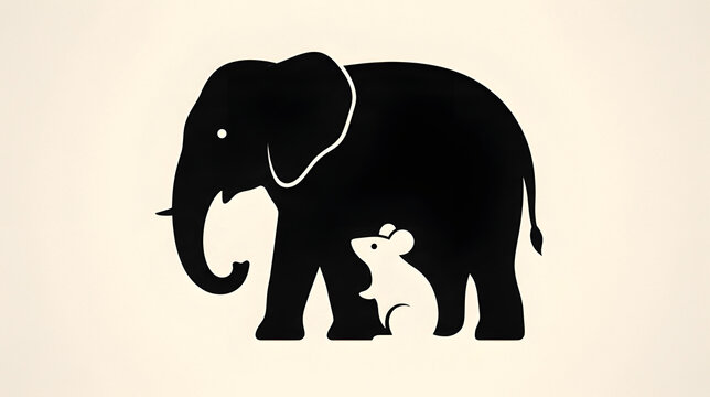 Siluet hitam gajah dengan ilustrasi ruang negatif berbentuk tikus kecil