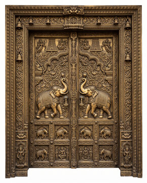 A richly carved double entrance door features two prominent elephants facing inward, surrounded by floral scrollwork, smaller elephant reliefs, decorative figures, geometric borders