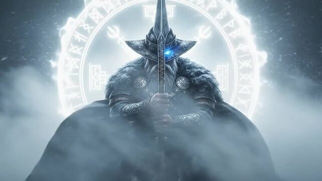 Norse god Odin with spear and magic runes for fantasy and mythology projects