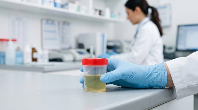 Gloved doctor holding urine specimen cup with red cap during medical checkup