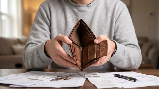 Person holding an empty leather wallet showing financial hardship and lack of money for personal expenses with financial bankruptcy struggle recession unemployment hardship business