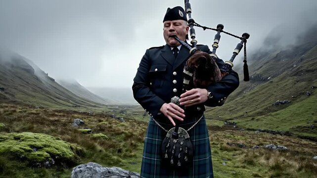 Scottish Bagpiper Standing on Rocky Outcrop in Moody Highland Valley Playing Traditional Music