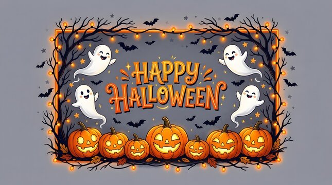 A festive and spooky halloween scene featuring ghosts pumpkins and bats for a delightful holiday celebration