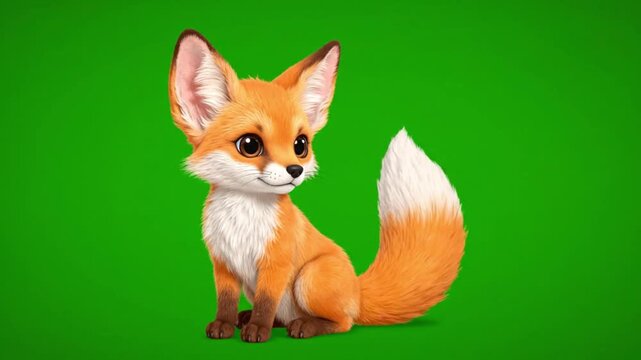 Cute Baby Red Fox Sitting on Green Screen Background. 4K Video