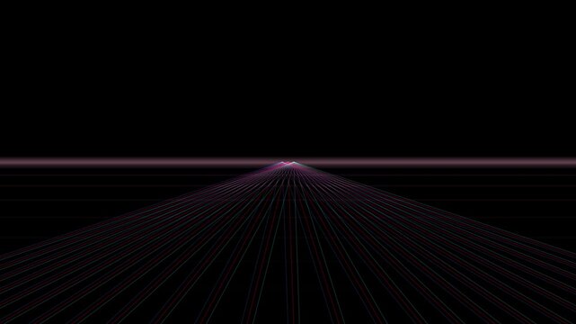 Abstract magenta perspective grid lines converging toward a vanishing point against a black background.
