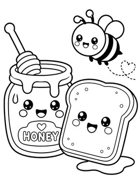 Cute Kawaii Honey Jar And Toast With Bee Sweet Breakfast Friends Coloring Page Outline