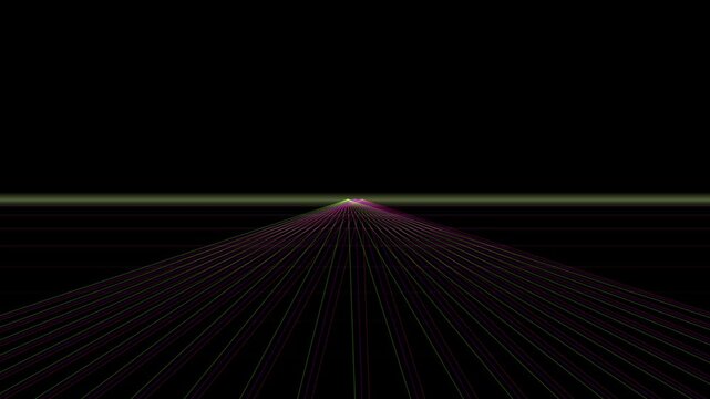 Glowing pink and green laser grid lines converge toward a vanishing point on a black background, creating a retro perspective tunnel effect.