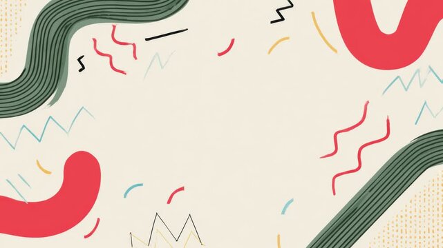Abstract hand drawn geometric background with curved shapes, confetti accents, copy space, seamless loop