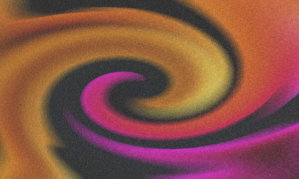 Vibrant abstract digital art with a colorful multi hued spiral vortex of orange pink and yellow grain texture across a dark speckled backdrop