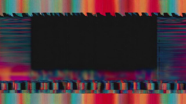 Abstract neon glitch border frame with black copy space and seamless loop