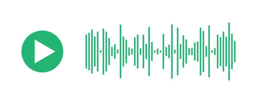 Green play button icon next to a digital audio sound wave visualization on a white background