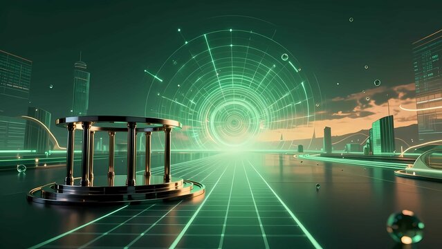 Abstract 3D cyber grid platform with metallic columns and glowing portal overlooking a futuristic cityscape at sunset