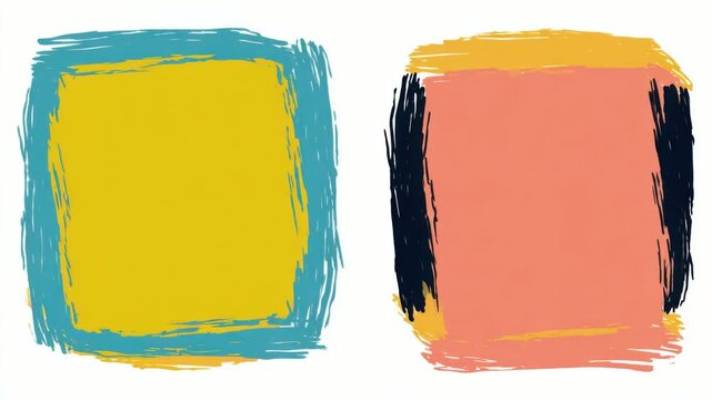 Hand drawn abstract square shapes with colorful brush strokes on white background, ordinary animation, seamless loop