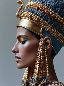 Elegant Egyptian queen in ornate headdress and gold jewelry, profile view