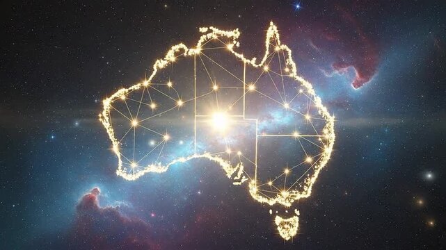 Glowing futuristic map of Australia with constellations and network connections in outer space symbolizing technology and innovation