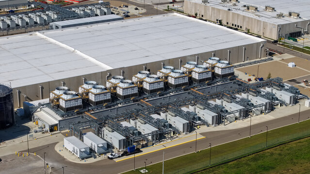 Large data center with cooling towers aerial view