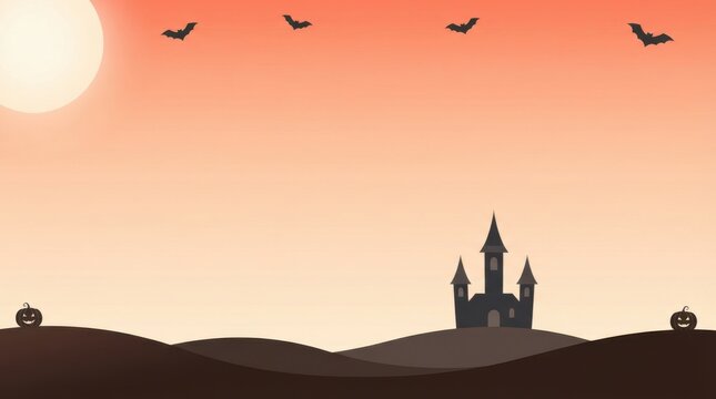 Haunted castle silhouette at sunset with bats and jack o lanterns