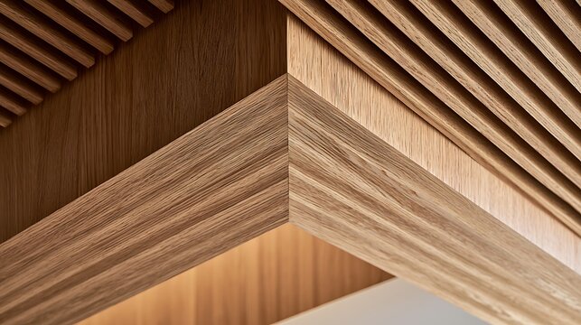 Architectural wooden slatted ceiling design with mitered corner detail.