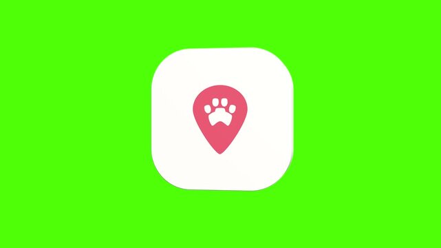 3D animated map location pin with animal paw print icon on a white rounded card with a green screen background. Smooth loop motion, perfect for mobile app UI, pet store locator, and video editing elem