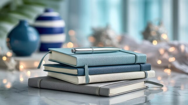 A neat stack of colorful notebooks with a shiny silver pen on top rests on a marble surface. Ideal for education and.