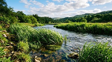 Naklejka premium Clear river flowing through green grassy banks and hills