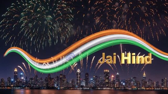 Jai Hind Indian Independence Day celebration with fireworks over city skyline and national flag colors