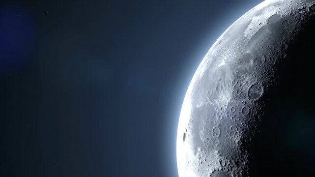Crescent moon surface with craters in dark deep space