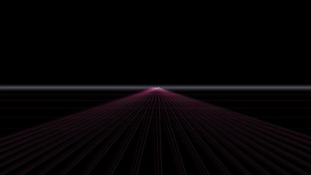 Abstract perspective grid pattern in pink lines converging toward a vanishing point against a black background.