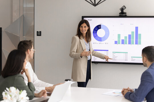 Smiling businesswoman financial manager performing annual budget report analyzing company spending offering cost optimization plan to stakeholder team on digital presentation board in conference room