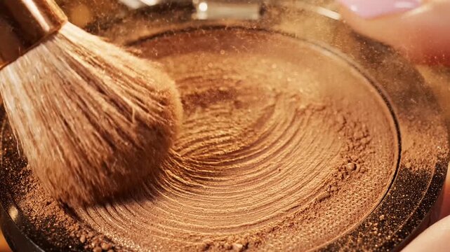 Close-up of a makeup brush applying bronzer or face powder, beauty product application.