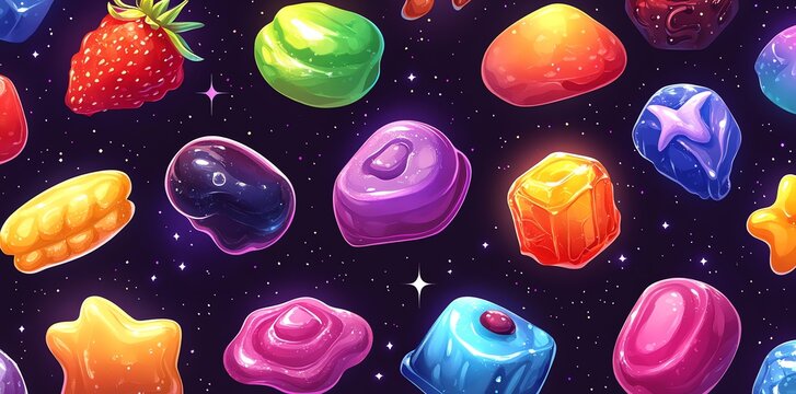 Colorful Candy Pieces in Space Scene Vibrant Assortment Bright Colors Fantasy Background