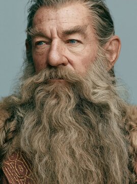Close-up portrait of a wise old wizard with a long grey beard and blue eyes